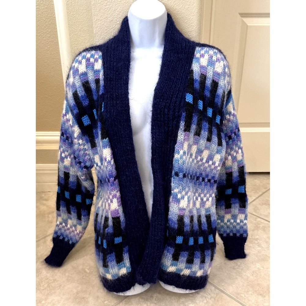 Handknit Mary Turner Wool Blue Geometric Open Sweater New Zealand Cardigan Sz L?